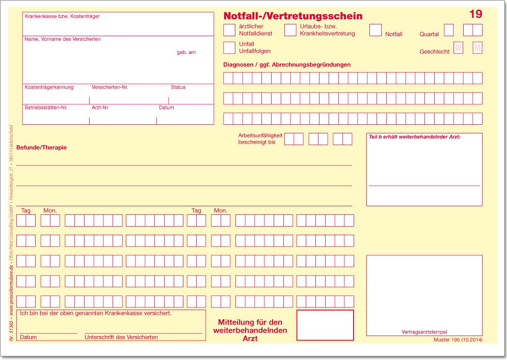 Notfall/Vertretungsschein Art. 51365 Muster 19a+b